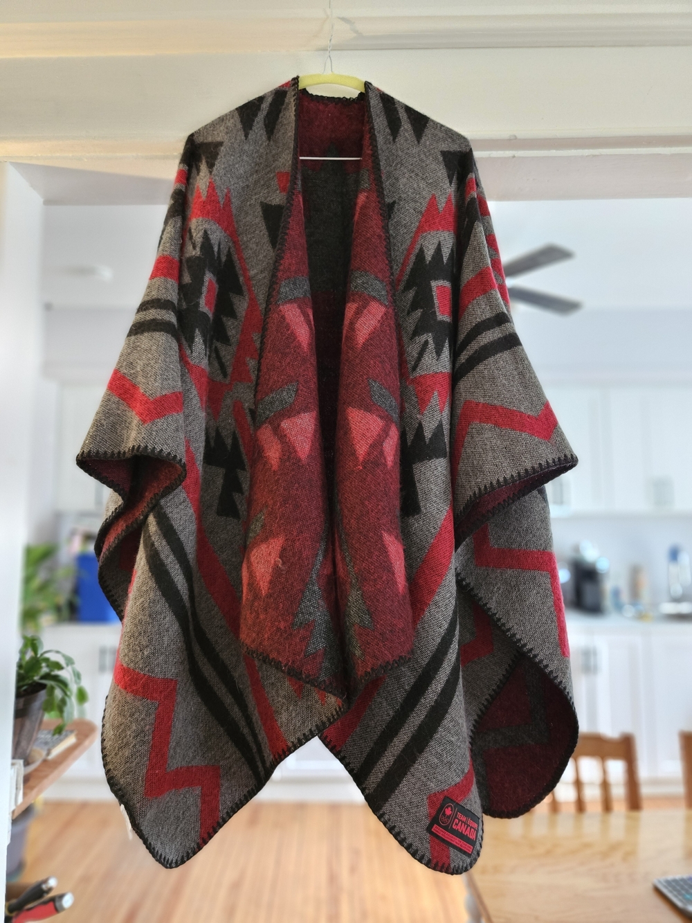 Aztec-Pattern Open Front Cape in Red and Gray